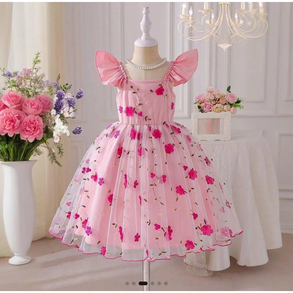 Girls Pink Floral Embroidered Party Dress